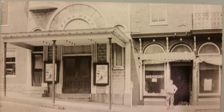 Street view of Shepherdstown Opera House in 1948 (showing canopy and adjacent building)
