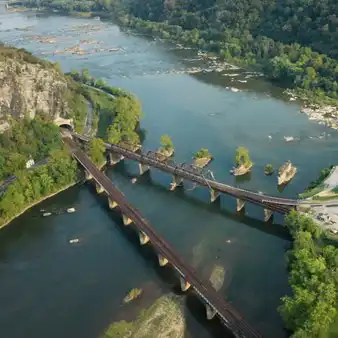 aerial view of potomac river at harpers ferry bridges
